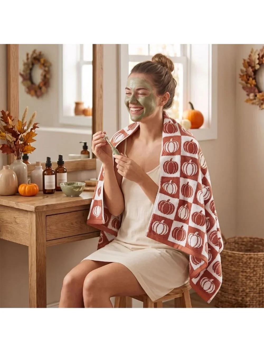 Cozy Fall Bath Towels Set of 2, Checkered & Pumpkin Design, Soft Cotton 27.5